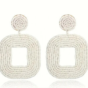 White beaded boho statement earrings - stud drop style